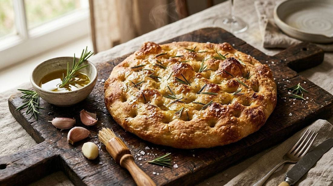 Golden focaccia flatbread dimpled with olive oil, topped with rosemary and flaky sea salt, on a wooden board