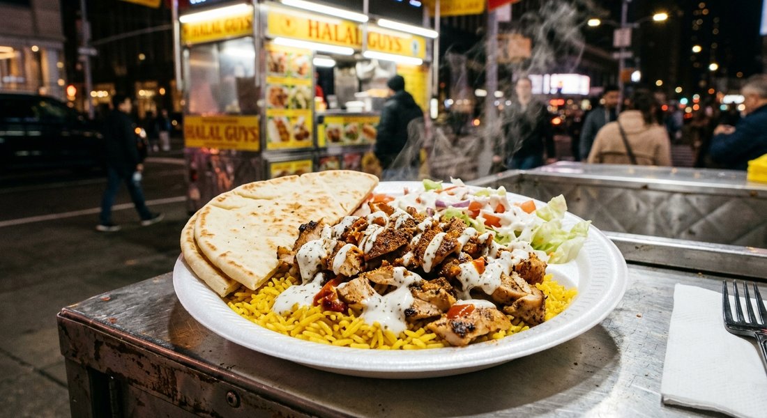 Halal food-cart style platter — sliced seasoned chicken over saffron yellow rice with white sauce