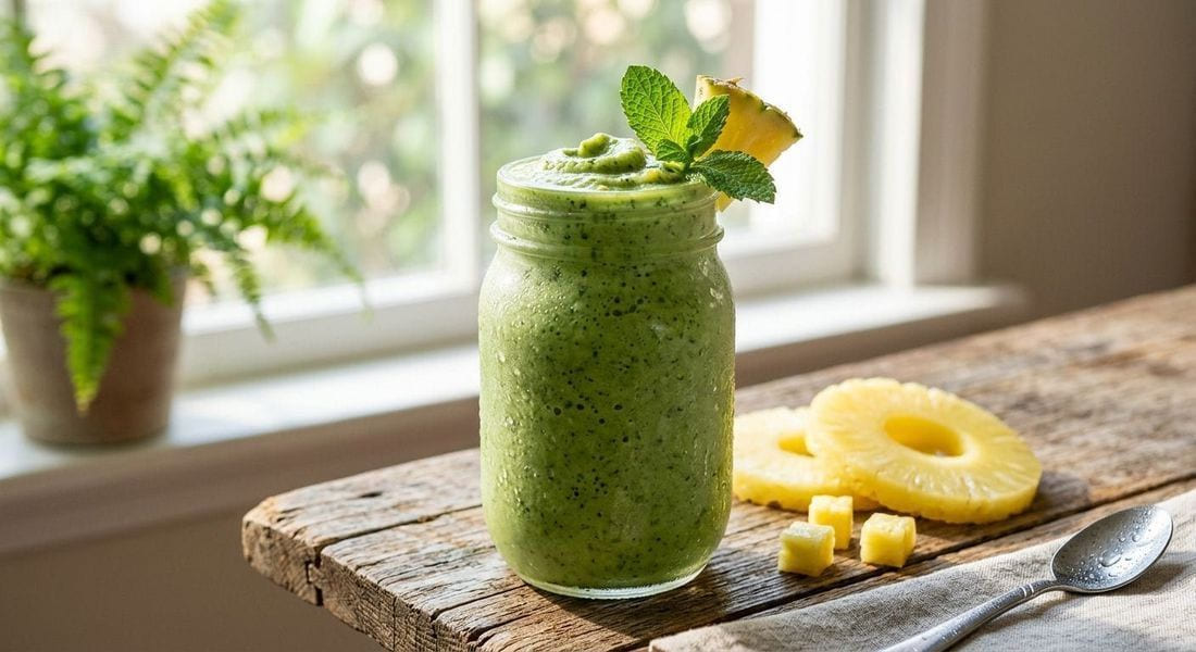 Vibrant green spinach pineapple smoothie in a mason jar garnished with mint
