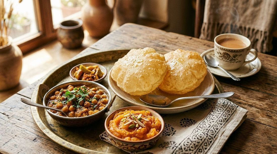Halwa puri breakfast with crispy golden puri, a bowl of orange semolina halwa, chana chickpea curry, pickles and tea on a brass tray