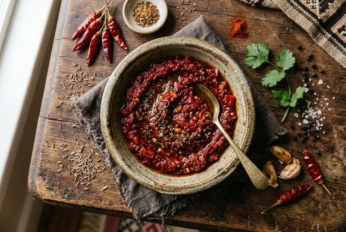 A bowl of deep red harissa paste with dried chilies and spices
