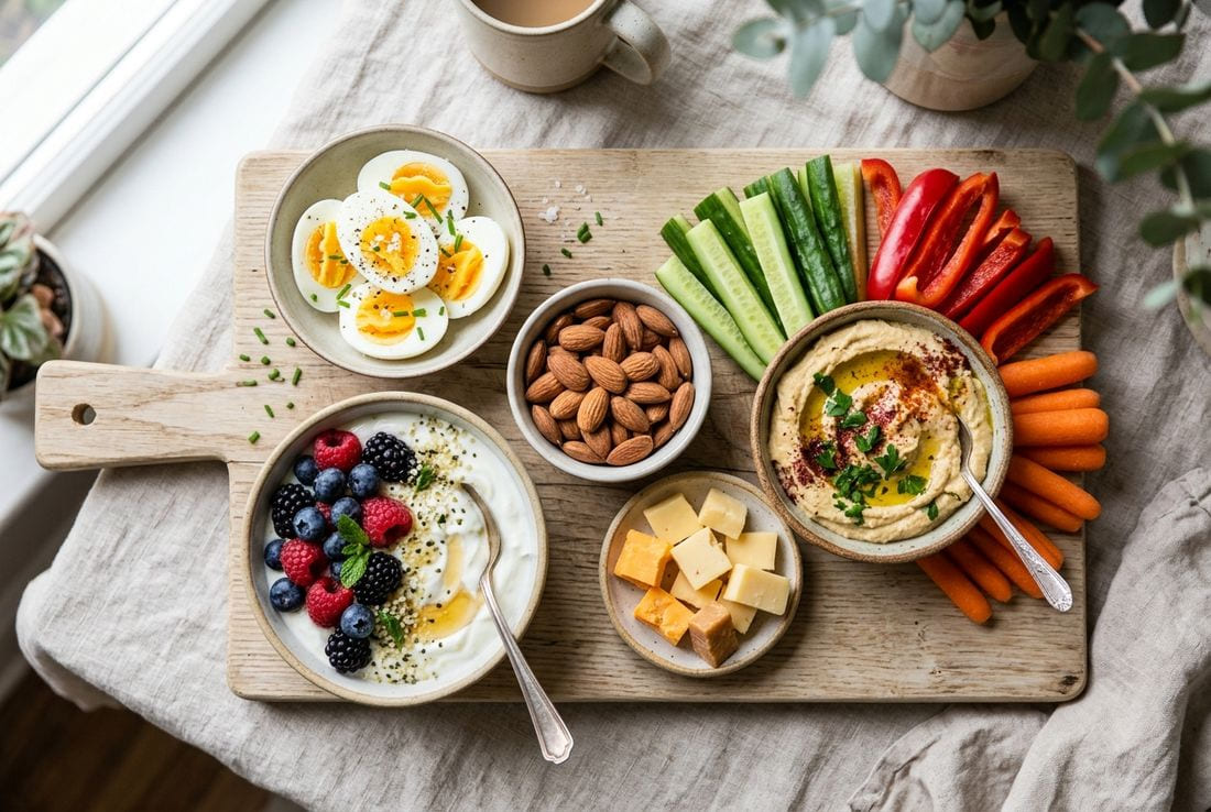 A high-protein snack spread with eggs, yogurt, hummus, vegetables and nuts