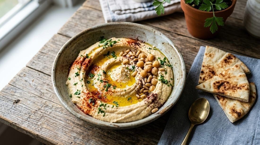 Creamy swirled hummus in a rustic bowl with a pool of golden olive oil, dusted with paprika, whole chickpeas and parsley, warm pita wedges beside it