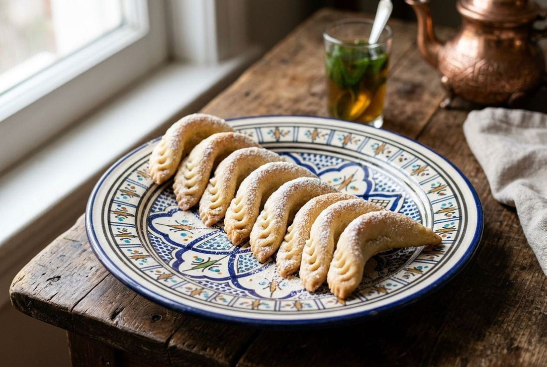 Golden crescent-shaped Moroccan kaab el ghazal gazelle horns cookies dusted with powdered sugar on a ceramic plate