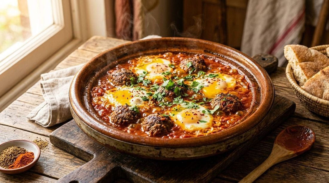 Moroccan kefta tagine with beef meatballs and poached eggs in tomato sauce