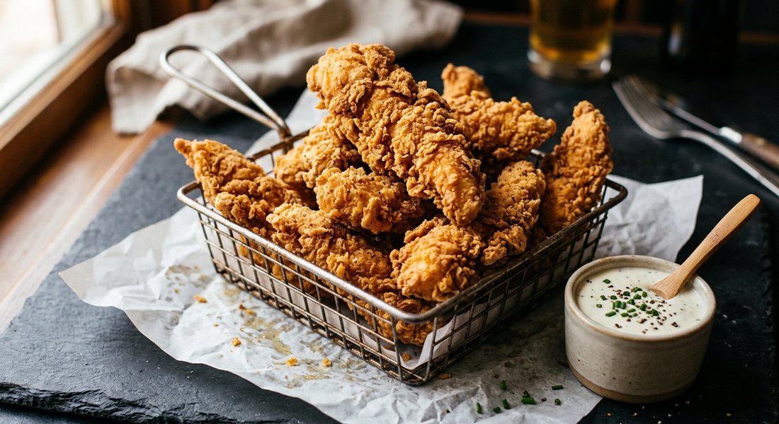 Extra-crispy golden fried chicken tenders in a rustic basket with creamy dipping sauce