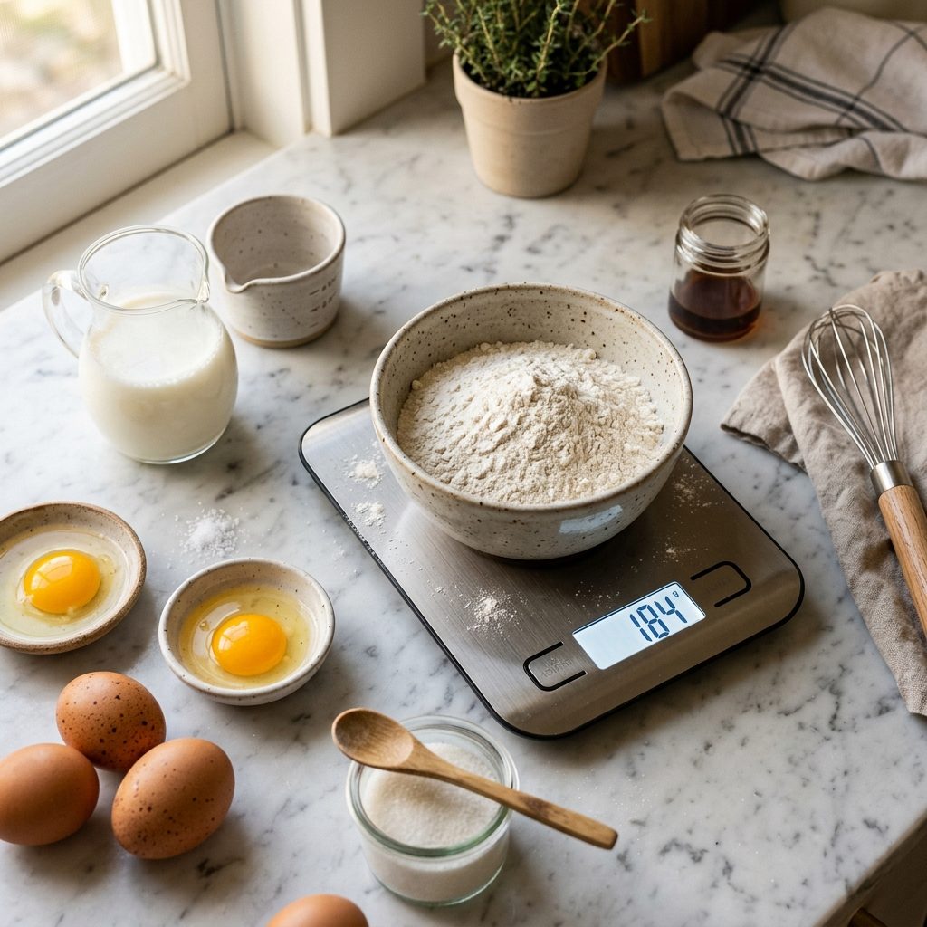 A kitchen scale on a work surface, a symbol of Cuisinety's measured, tested approach to recipes