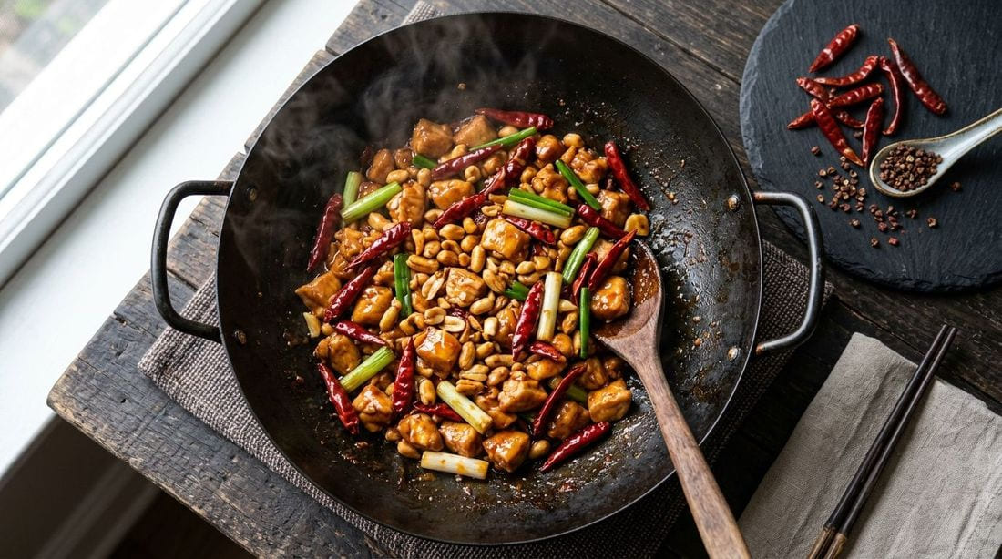 Kung pao chicken in a white bowl — glazed chicken pieces, roasted peanuts, dried red chilies and diagonal scallion batons in a glossy sauce, with a bowl of steamed rice behind it