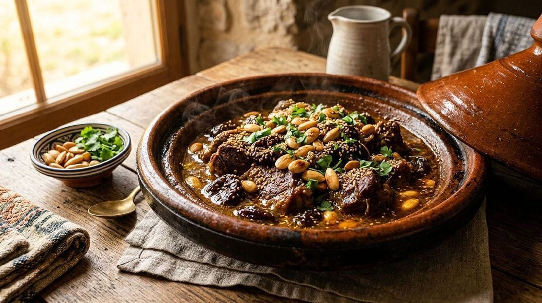Moroccan lamb tagine with prunes and almonds served in a clay tagine pot