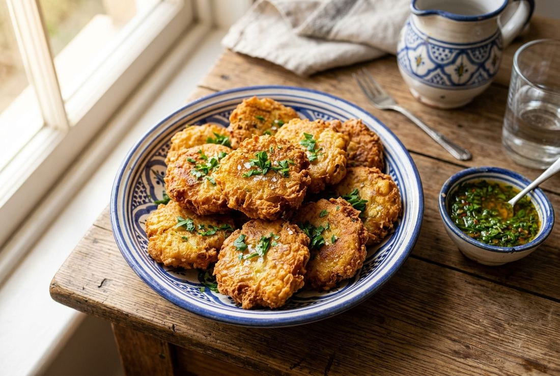 Golden crispy Moroccan makouda potato fritters piled on a plate with fresh parsley and a bowl of dipping sauce