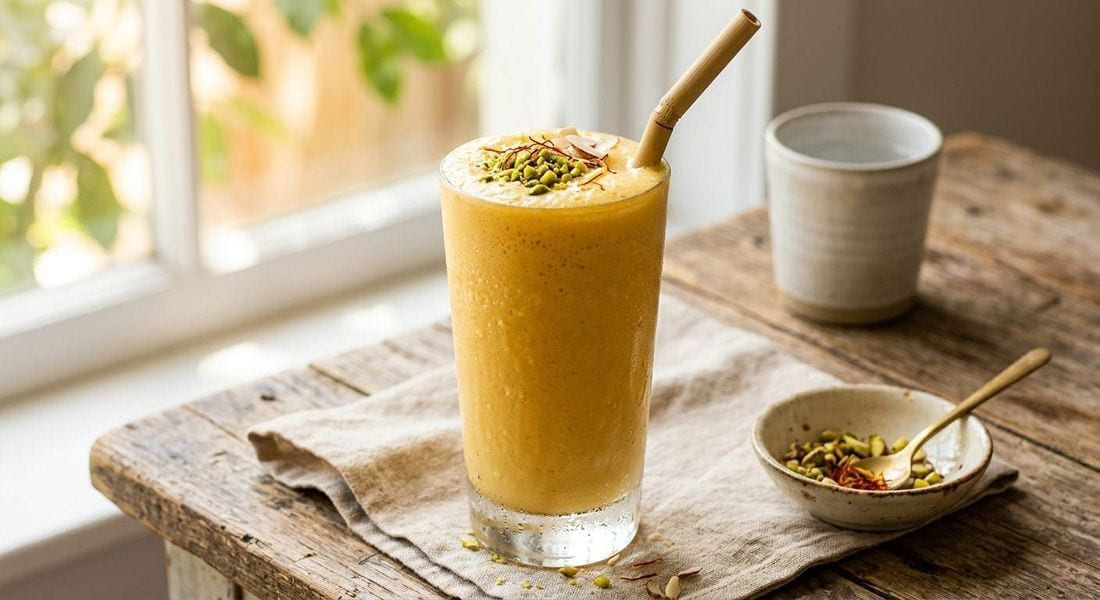 Golden mango lassi in a glass topped with pistachios and saffron