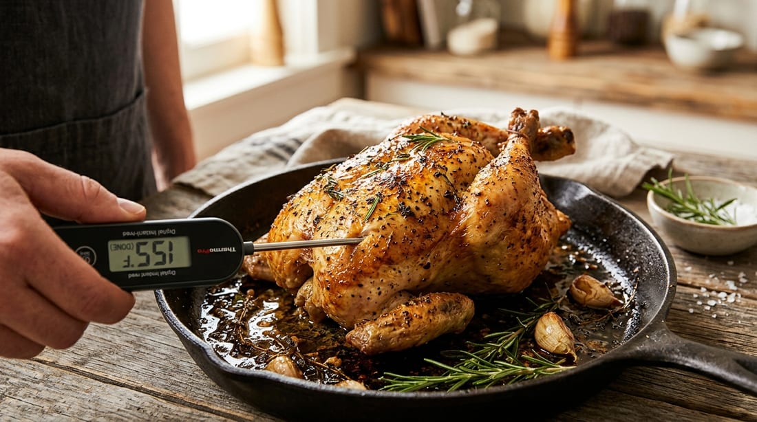 Instant-read meat thermometer resting beside a roasted chicken on a cutting board