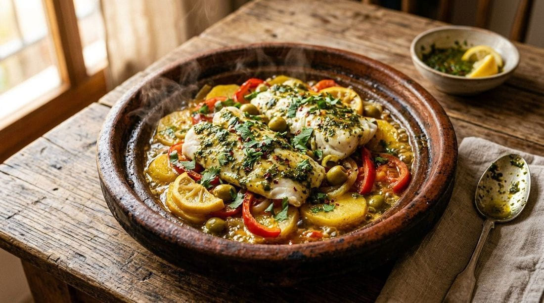 Moroccan fish tagine with flaky white fish in chermoula, preserved lemon, green olives, and tomatoes