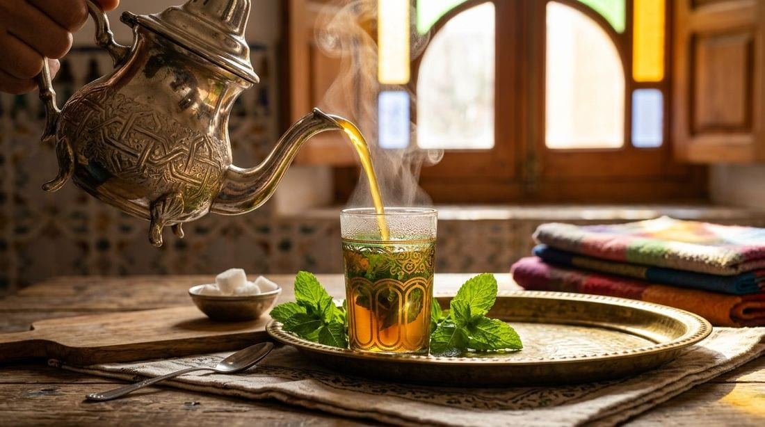 Moroccan mint tea poured from an ornate silver teapot into a decorated tea glass with fresh mint leaves and steam