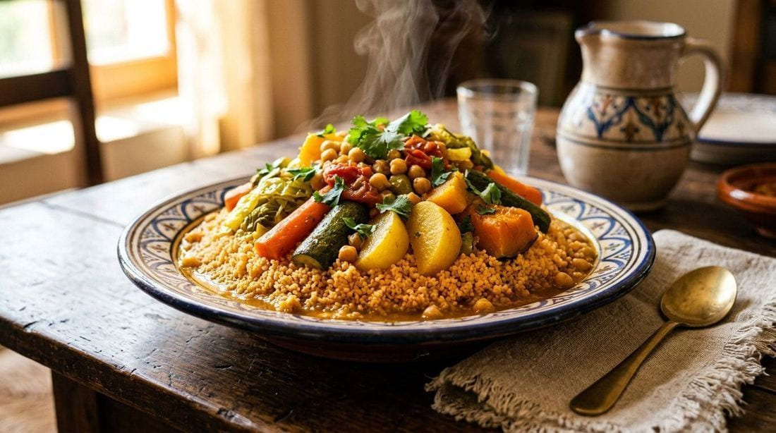 Moroccan seven-vegetable couscous piled high with braised vegetables and chickpeas