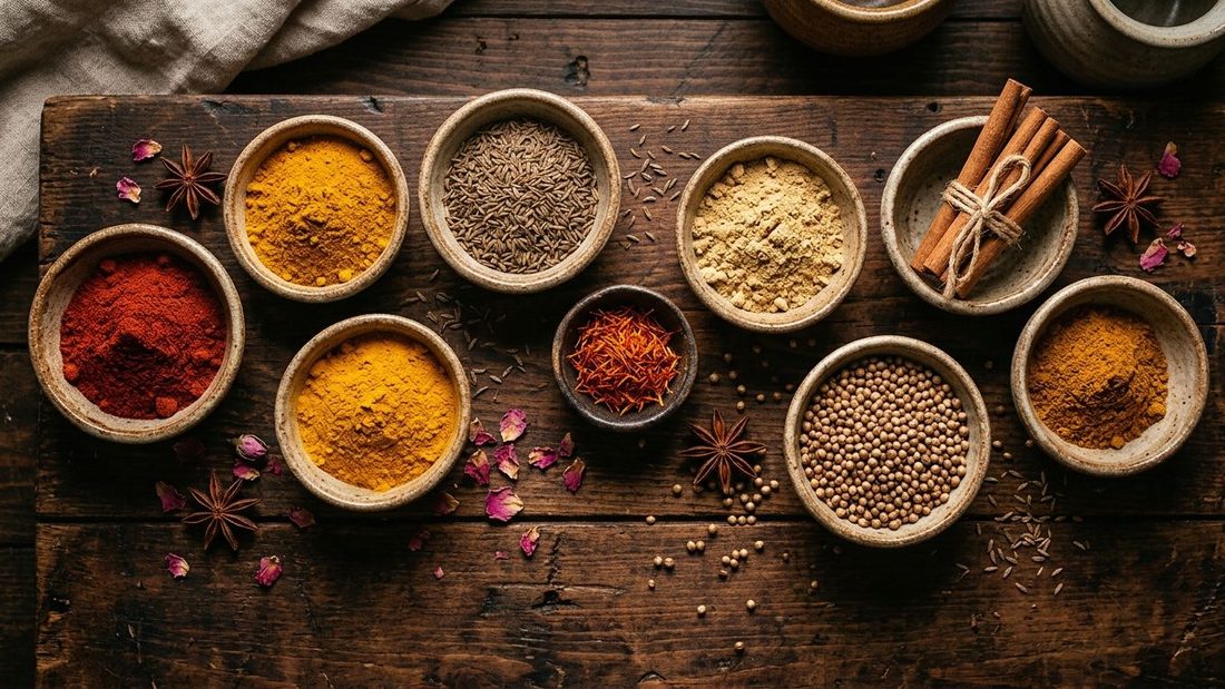 Moroccan spices in ceramic bowls — paprika, turmeric, cumin, cinnamon, saffron, and ras el hanout
