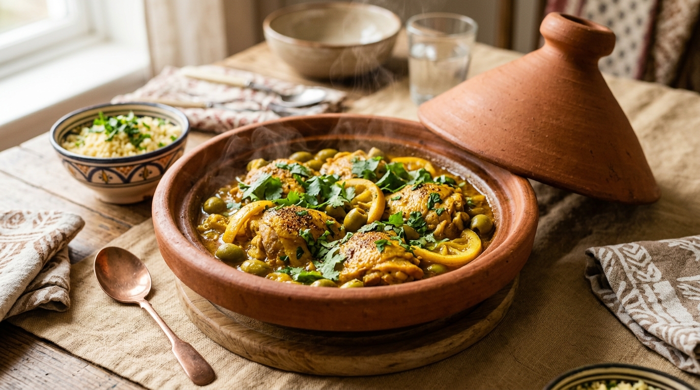 Moroccan tagine with chicken, olives, and preserved lemon