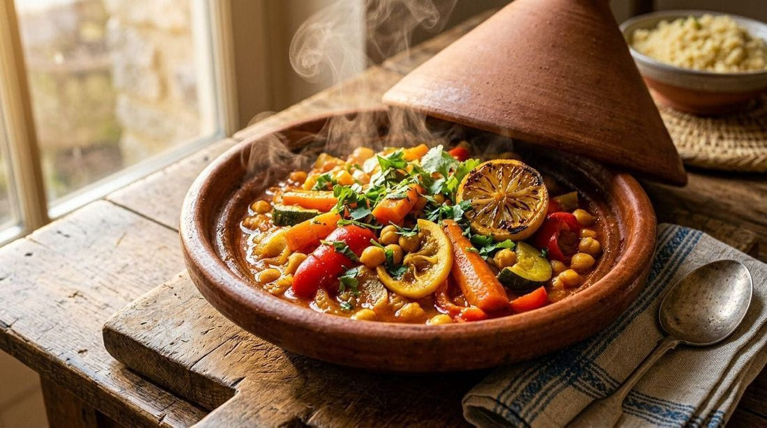 Moroccan vegetable tagine with chickpeas, butternut squash, and dried fruit in glossy saffron sauce