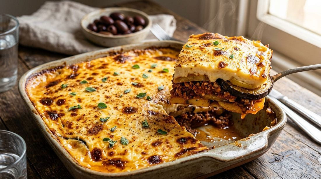 Golden-baked Greek moussaka slice with layered lamb ragout, eggplant, and a blistered béchamel crown