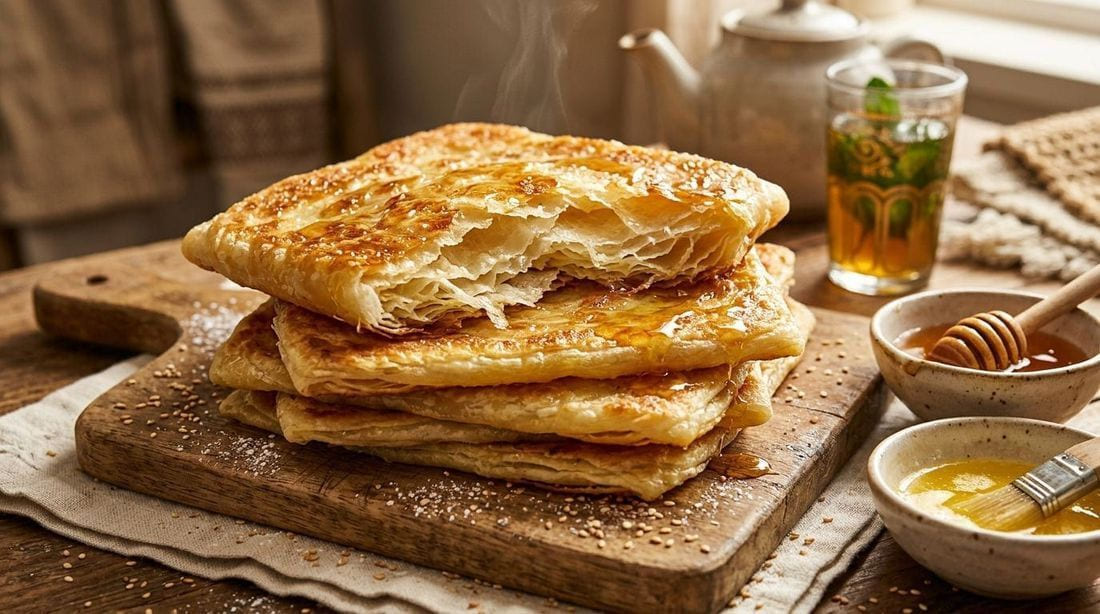 Moroccan msemen flatbreads served alongside a glass of mint tea