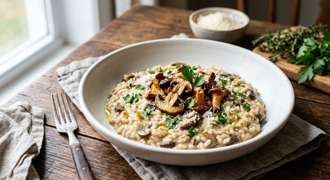 Creamy mushroom risotto in a wide white bowl topped with golden sautéed cremini and porcini mushrooms, grated Parmesan and chopped parsley, on a dark wooden table with a linen napkin