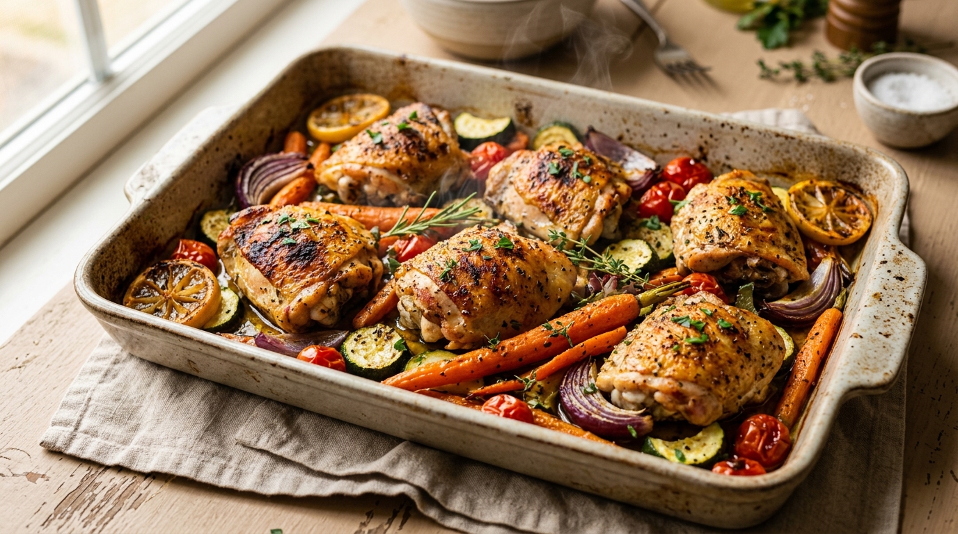Sheet pan with roasted chicken thighs and vegetables