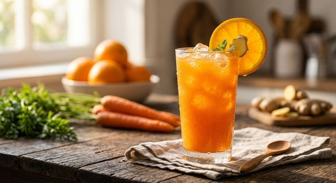 Freshly pressed orange carrot ginger juice in a tall glass with an orange slice garnish
