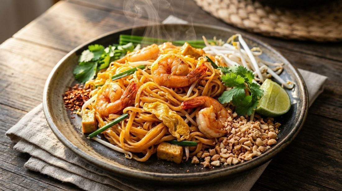 Glossy Thai pad thai with shrimp, egg ribbons, bean sprouts, and crushed peanuts on a ceramic plate with lime and cilantro