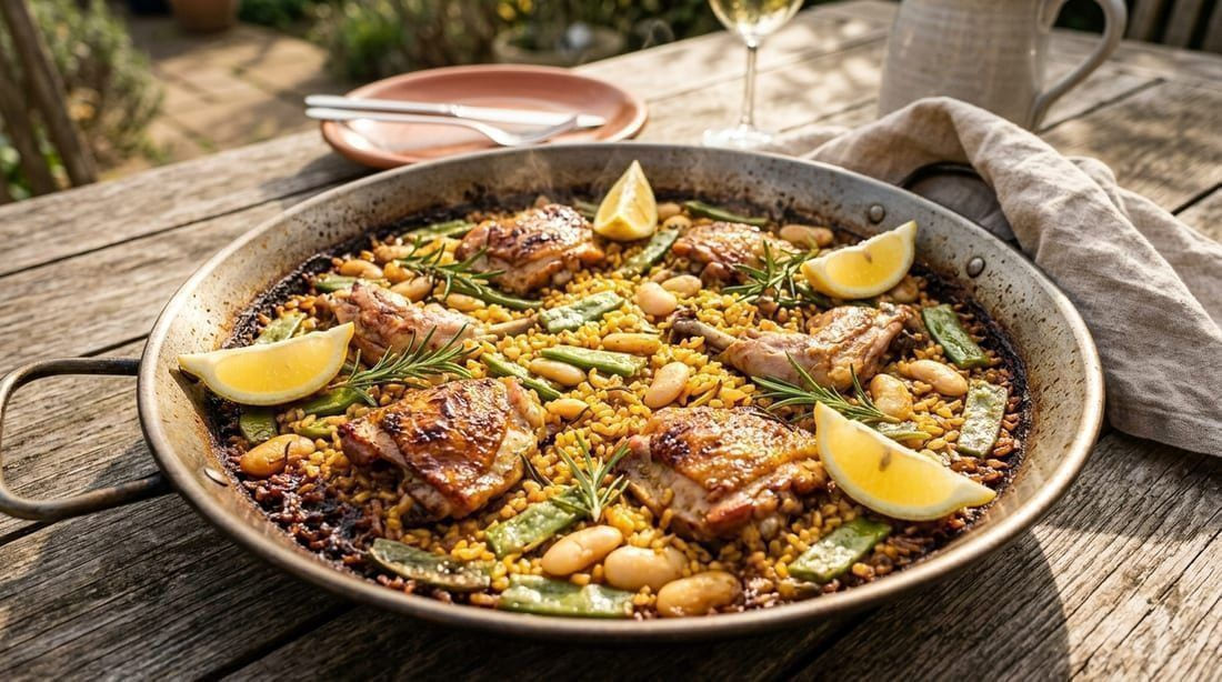 Paella Valenciana in a shallow carbon-steel paella pan — golden saffron rice with chicken and rabbit, green flat beans, butter beans, caramelized socarrat edges, lemon wedges and rosemary