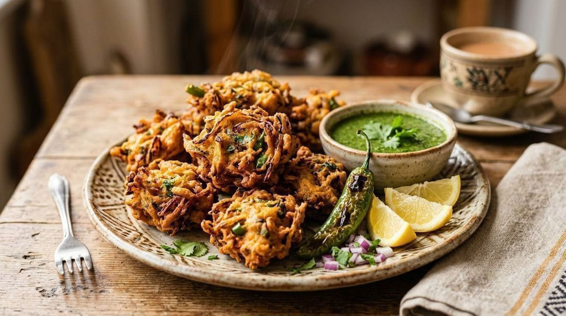 Golden crispy pakora fritters piled on a rustic plate with mint chutney, a fried green chili and lemon