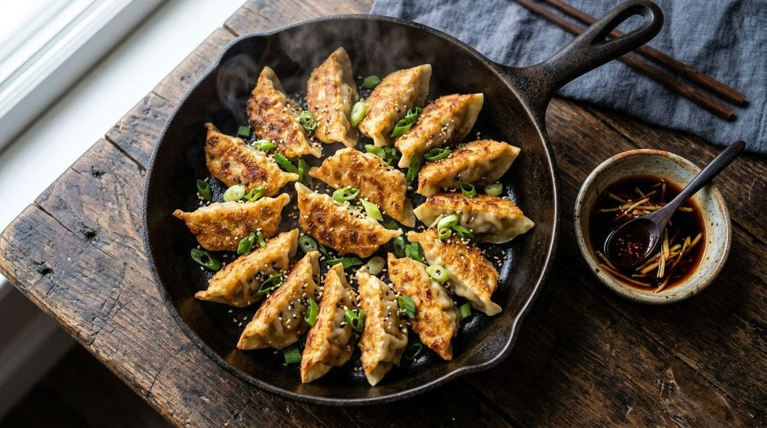 Golden pan-fried pork and chive dumplings with lacy crispy bottoms piled on a ceramic plate, a small bowl of dark soy-vinegar dipping sauce with sliced scallions beside them, steam rising