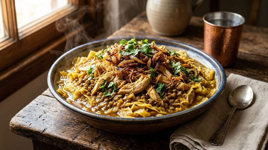Moroccan rfissa with shredded chicken, lentils, and caramelized onions over torn msemen flatbread in broth