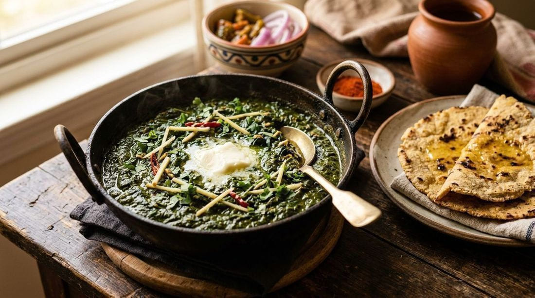 Saag mustard greens and spinach in a rustic pan with a dollop of white butter, corn bhakri roti beside, ginger garnish