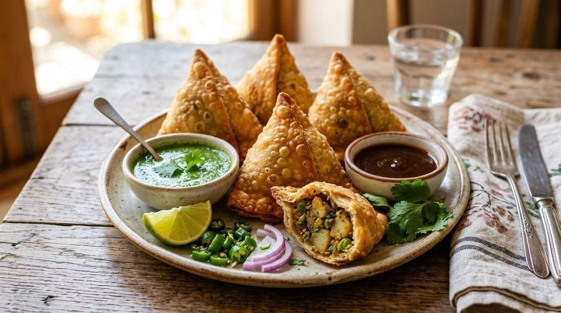 Crispy golden samosas arranged on a rustic plate with mint chutney, tamarind chutney, lemon and green chilies
