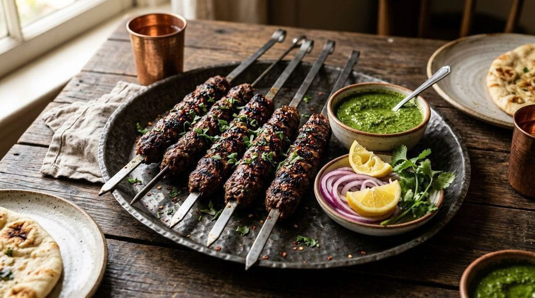 Char-grilled seekh kebabs on a rustic platter with red onion rings, lemon wedges, mint chutney and fresh coriander