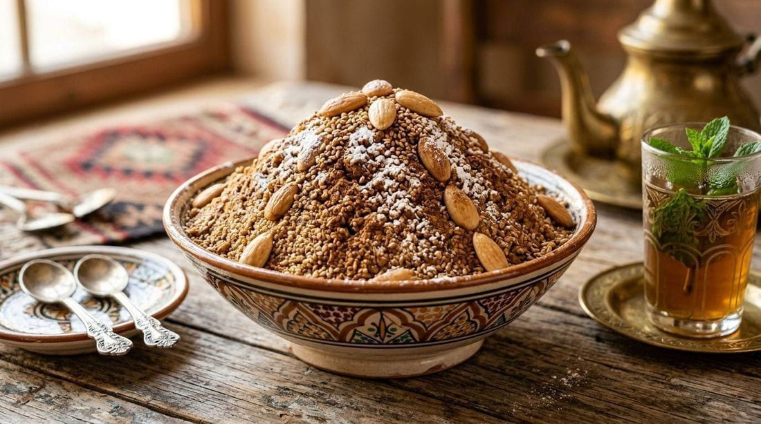 Moroccan sellou sesame-and-honey powder balls rolled and dusted with toasted sesame