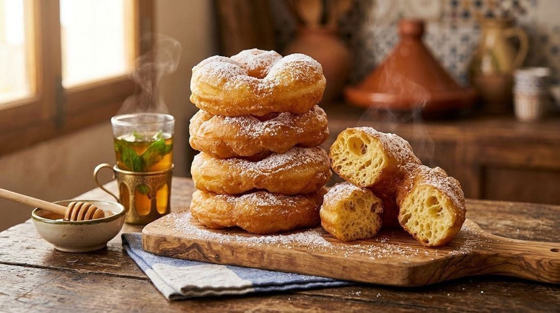 Puffy golden Moroccan sfenj doughnuts dusted with powdered sugar on a wooden board with mint tea