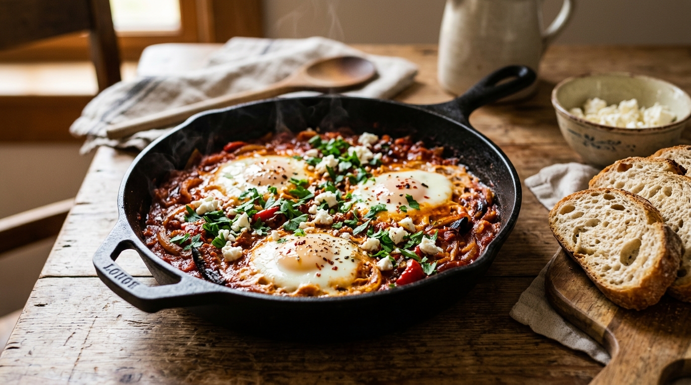 Skillet of shakshuka with poached eggs in spiced tomato sauce