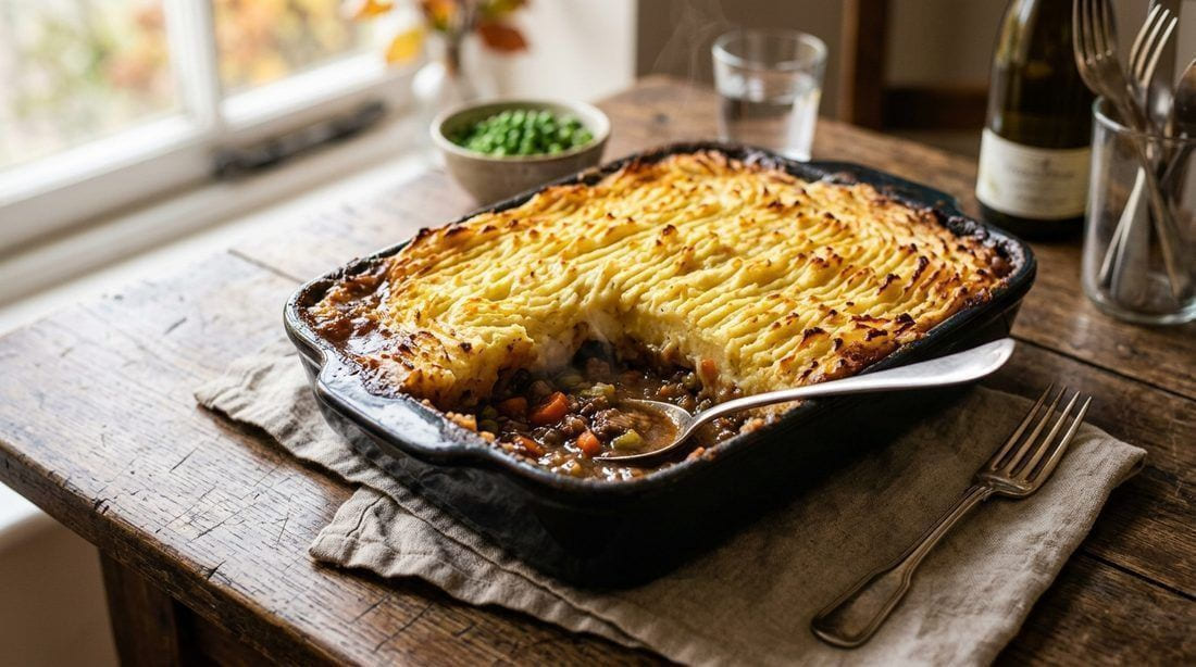 Shepherd's pie in a deep ceramic baking dish — golden ridged mashed potato topping with browned crisp peaks, one corner portion scooped out revealing rich lamb and vegetable gravy filling