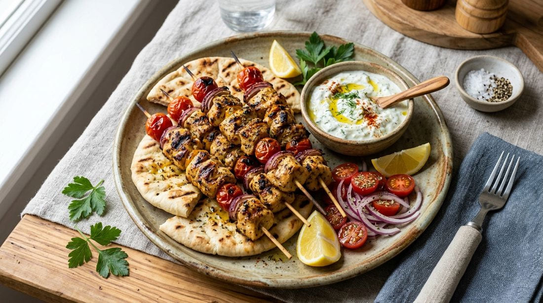 Golden char-grilled Greek chicken souvlaki skewers on a ceramic platter with warm pita, tzatziki, lemon wedges, cherry tomatoes and red onion