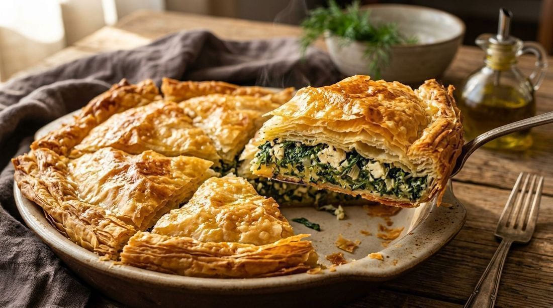 Golden spanakopita slice with flaky phyllo layers and a bright spinach-feta filling