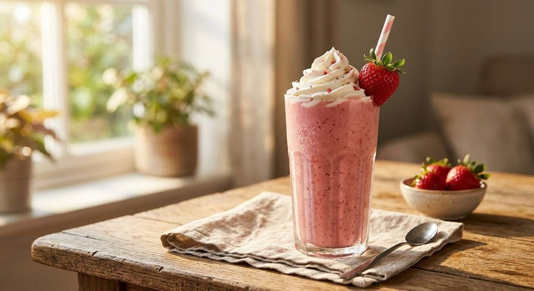 Creamy pink strawberry banana smoothie in a tall glass topped with fresh strawberries