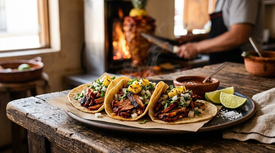 Three tacos al pastor with charred chile-marinated pork, charred pineapple chunks, diced white onion, and cilantro on corn tortillas, with lime wedges and a blurred trompo of stacked marinated pork behind