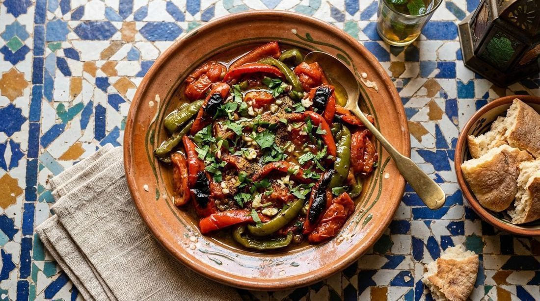 Moroccan taktouka — charred grilled red pepper strips and roasted tomatoes in olive oil with garlic, cumin, and fresh cilantro, served in a rustic ceramic bowl