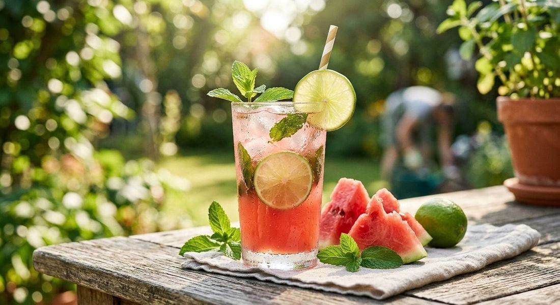 Chilled pink watermelon mint cooler in a glass with ice and fresh mint leaves