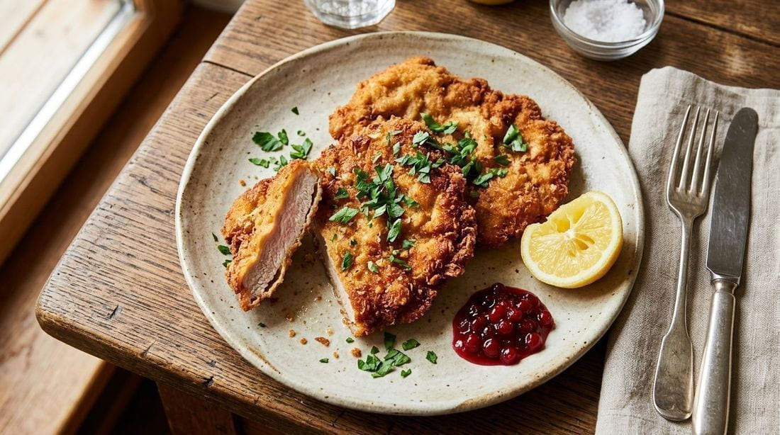 Golden crispy breaded Wiener schnitzel cutlets on a rustic plate with lemon wedges, lingonberry jam, and fresh parsley