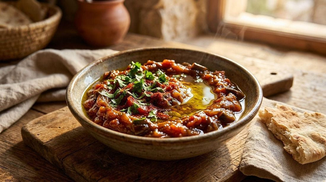 Moroccan zaalouk — smoky eggplant and tomato salad in a ceramic bowl with olive oil and cilantro