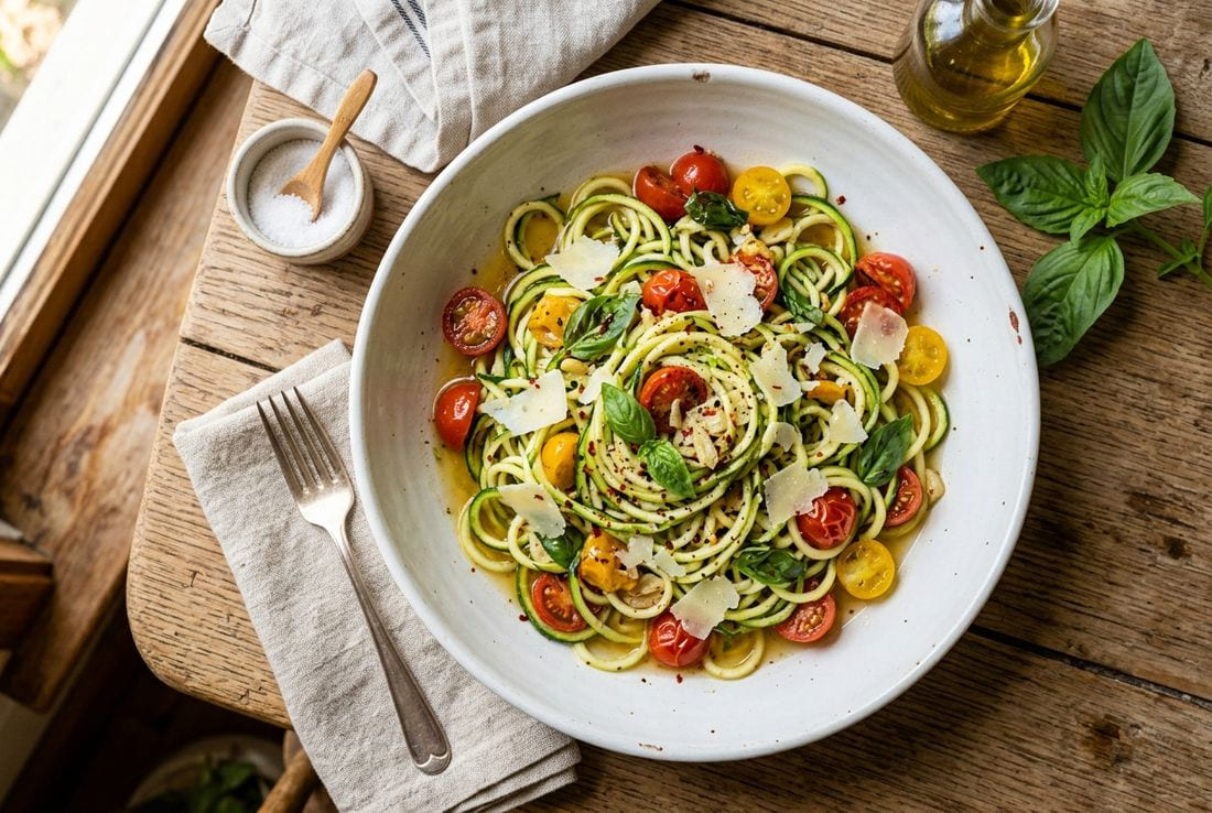 Zucchini noodles tossed with cherry tomatoes, basil and parmesan